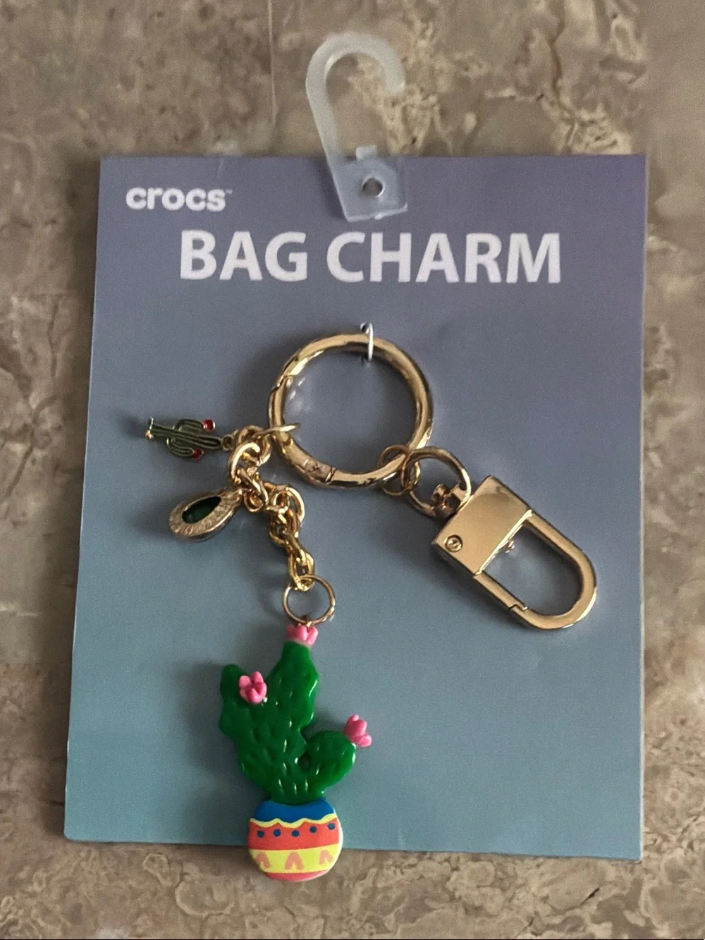 CROCS Green Cactus Bag Charm with Pink Flowers & Gold Hardware